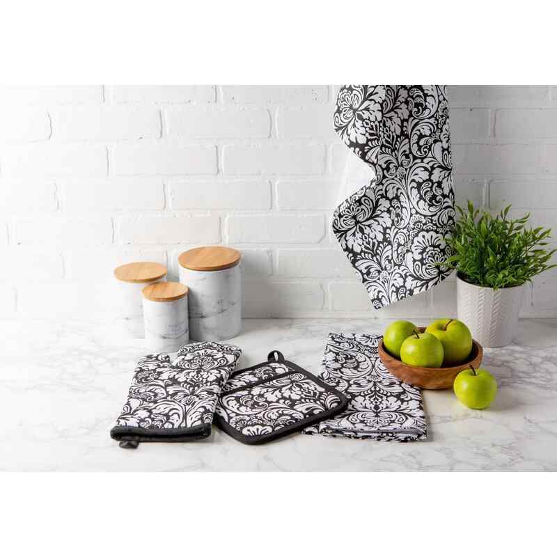 Rosdorf Park Valletta Damask Kitchen 2-Piece Potholder and Oven Mitt Set